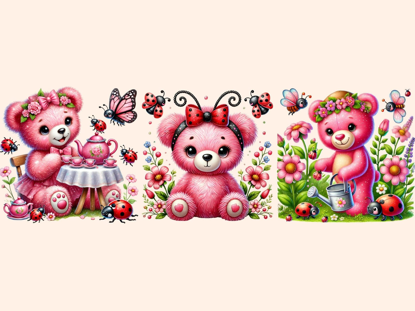 Pink Ladybug Teddies Clipart - High - Quality Instant Digital Download for Creative Projects