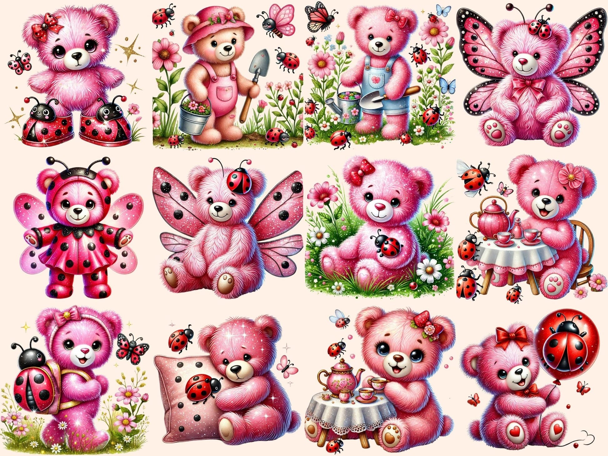 Pink Ladybug Teddies Clipart - High - Quality Instant Digital Download for Creative Projects