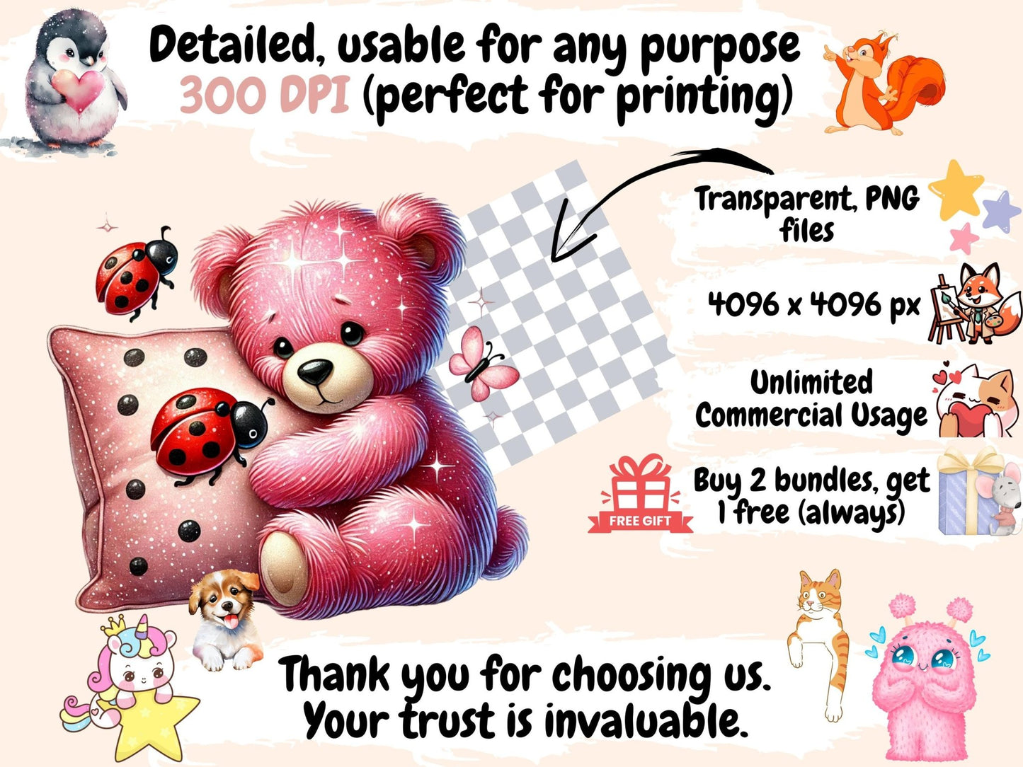 Pink Ladybug Teddies Clipart - High - Quality Instant Digital Download for Creative Projects