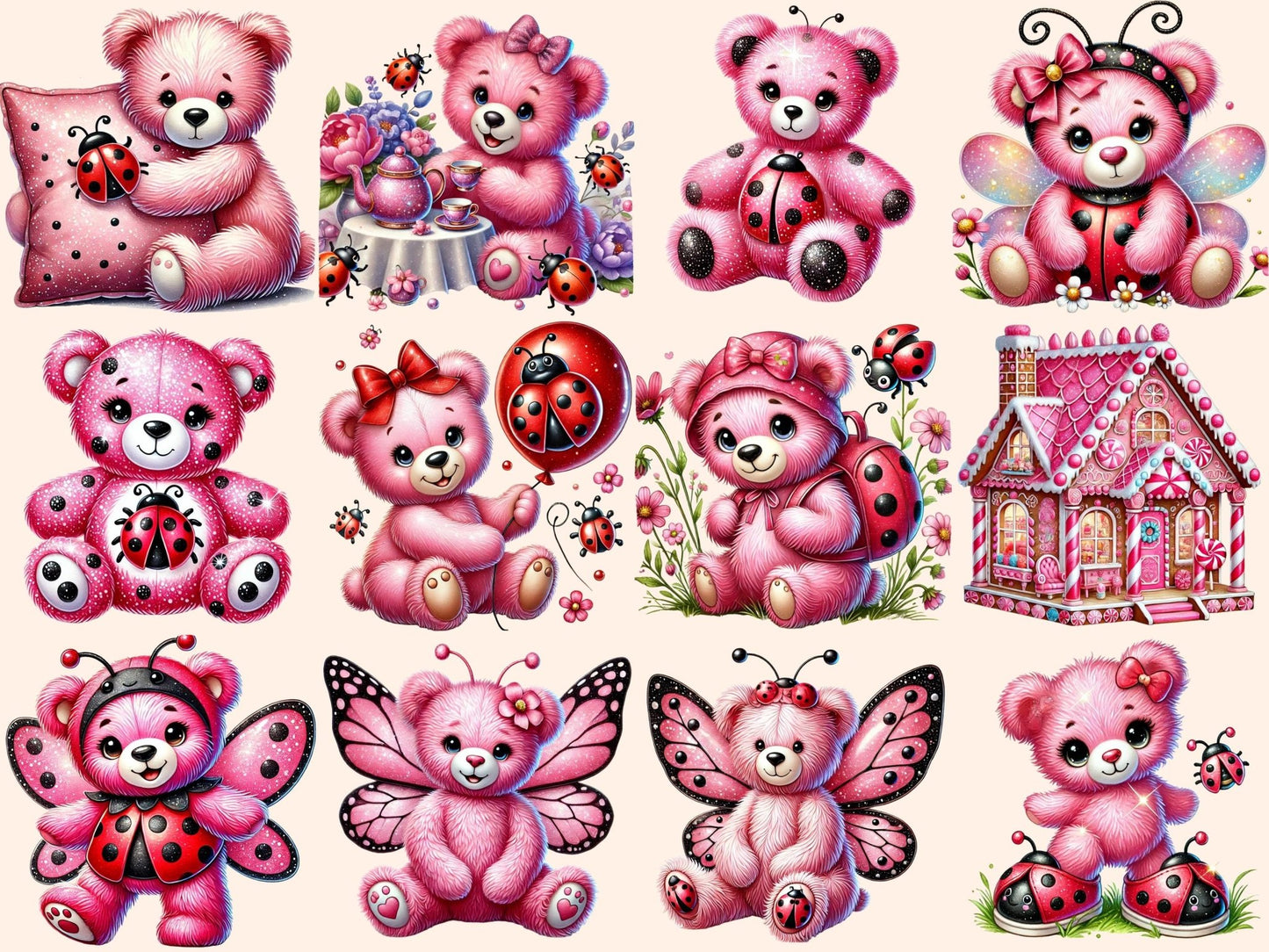 Pink Ladybug Teddies Clipart - High - Quality Instant Digital Download for Creative Projects