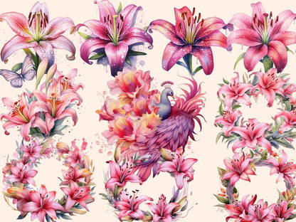 Pink Lilies Watercolor Clipart boho watercolor - Wonders Artist