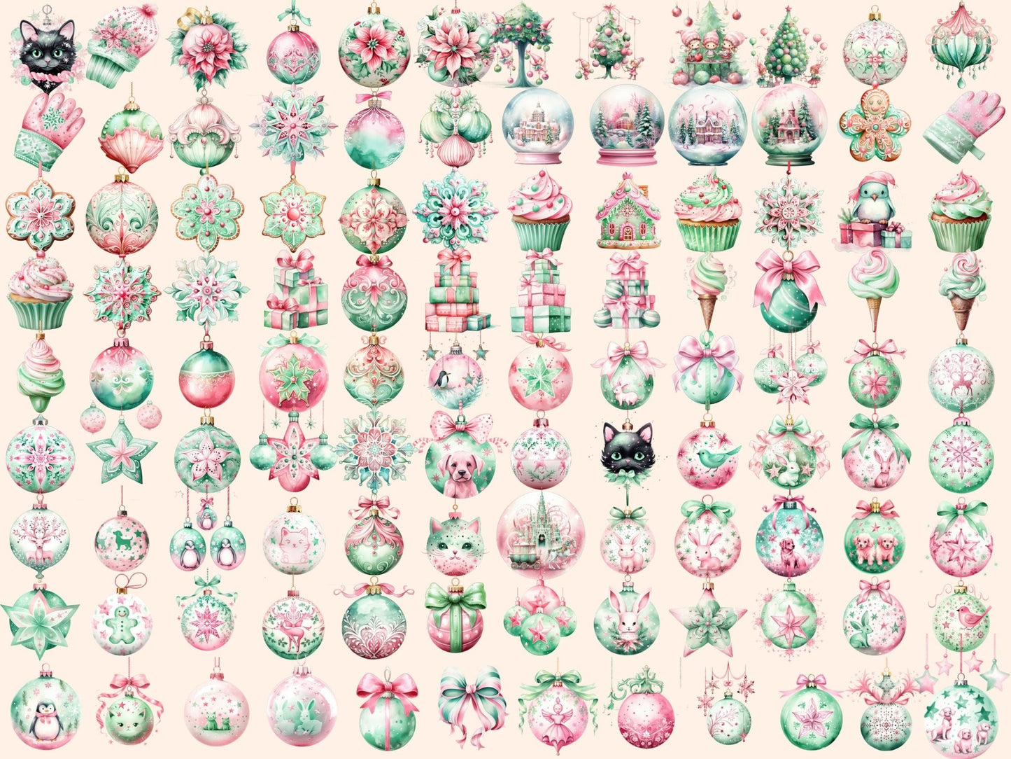 Pink & Mint Green Christmas Ornaments Watercolor Clipart - High - Quality Instant Digital Download for Creative Projects