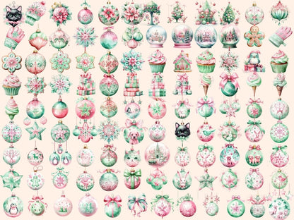 Pink & Mint Green Christmas Ornaments Watercolor Clipart christmas clipart - Wonders Artist