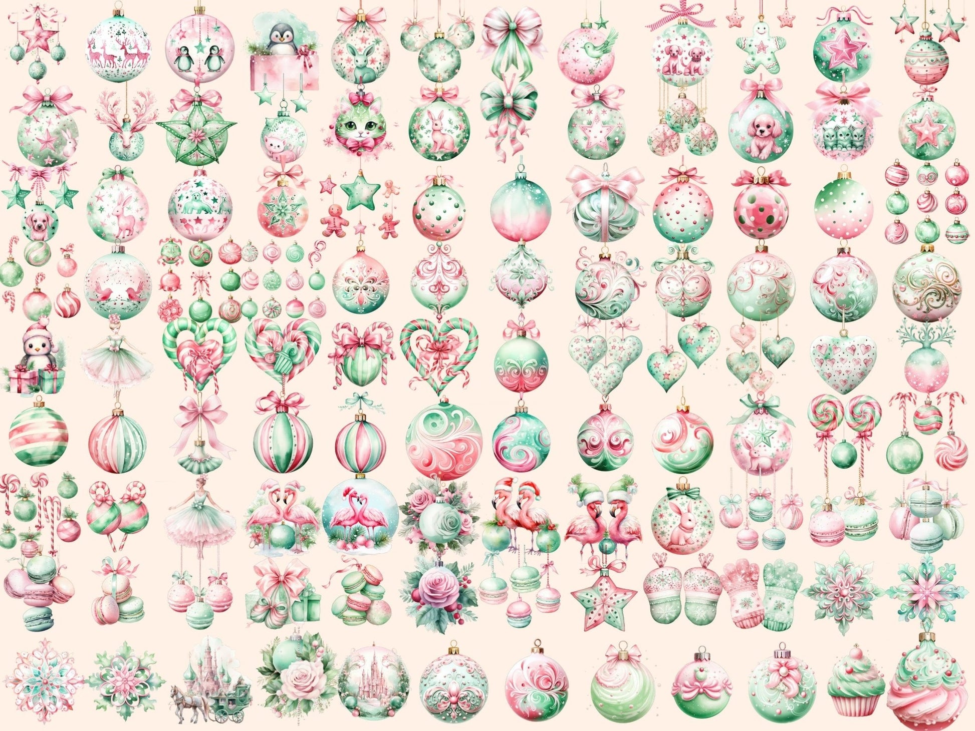 Pink & Mint Green Christmas Ornaments Watercolor Clipart - High - Quality Instant Digital Download for Creative Projects