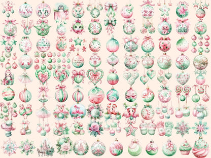 Pink & Mint Green Christmas Ornaments Watercolor Clipart christmas clipart - Wonders Artist