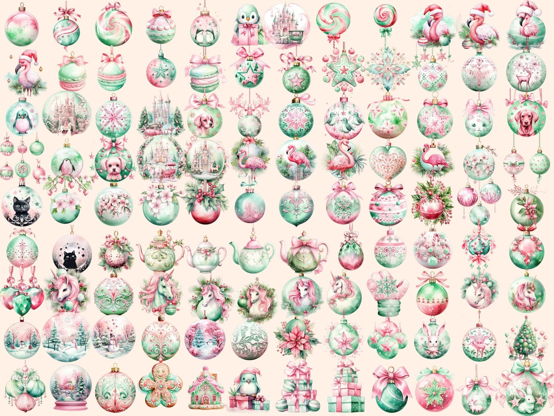 Pink & Mint Green Christmas Ornaments Watercolor Clipart - High - Quality Instant Digital Download for Creative Projects