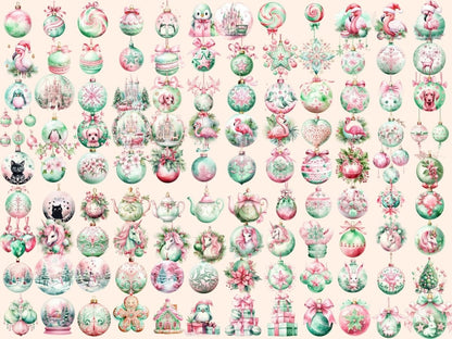 Pink & Mint Green Christmas Ornaments Watercolor Clipart christmas clipart - Wonders Artist