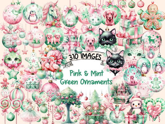 Pink & Mint Green Christmas Ornaments Watercolor Clipart - High - Quality Instant Digital Download for Creative Projects