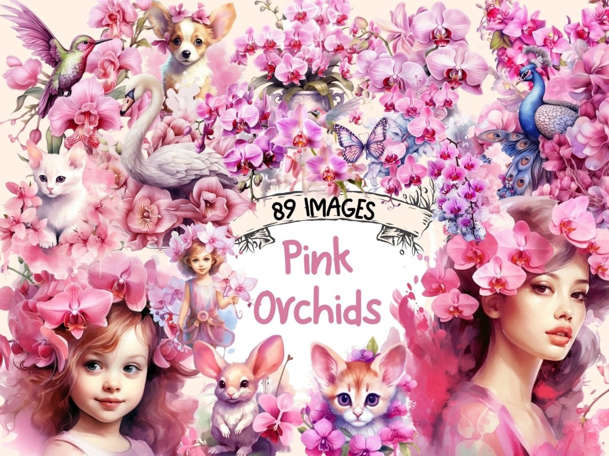 Pink Orchids Watercolor Clipart fantasy flowers - Wonders Artist