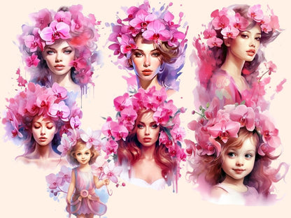 Pink Orchids Watercolor Clipart fantasy flowers - Wonders Artist