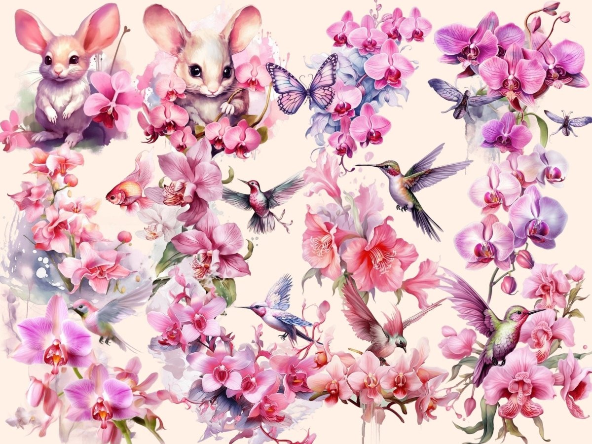 Pink Orchids Watercolor Clipart fantasy flowers - Wonders Artist