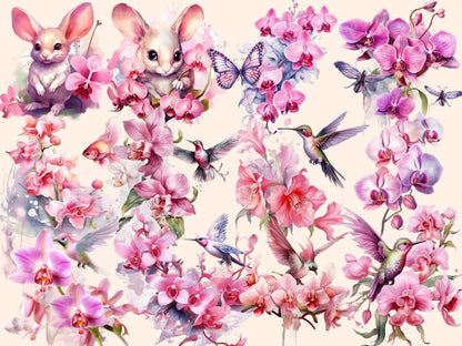 Pink Orchids Watercolor Clipart fantasy flowers - Wonders Artist