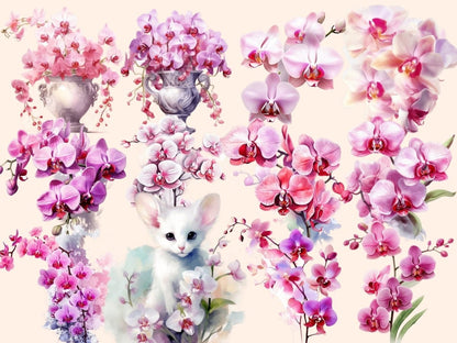 Pink Orchids Watercolor Clipart fantasy flowers - Wonders Artist