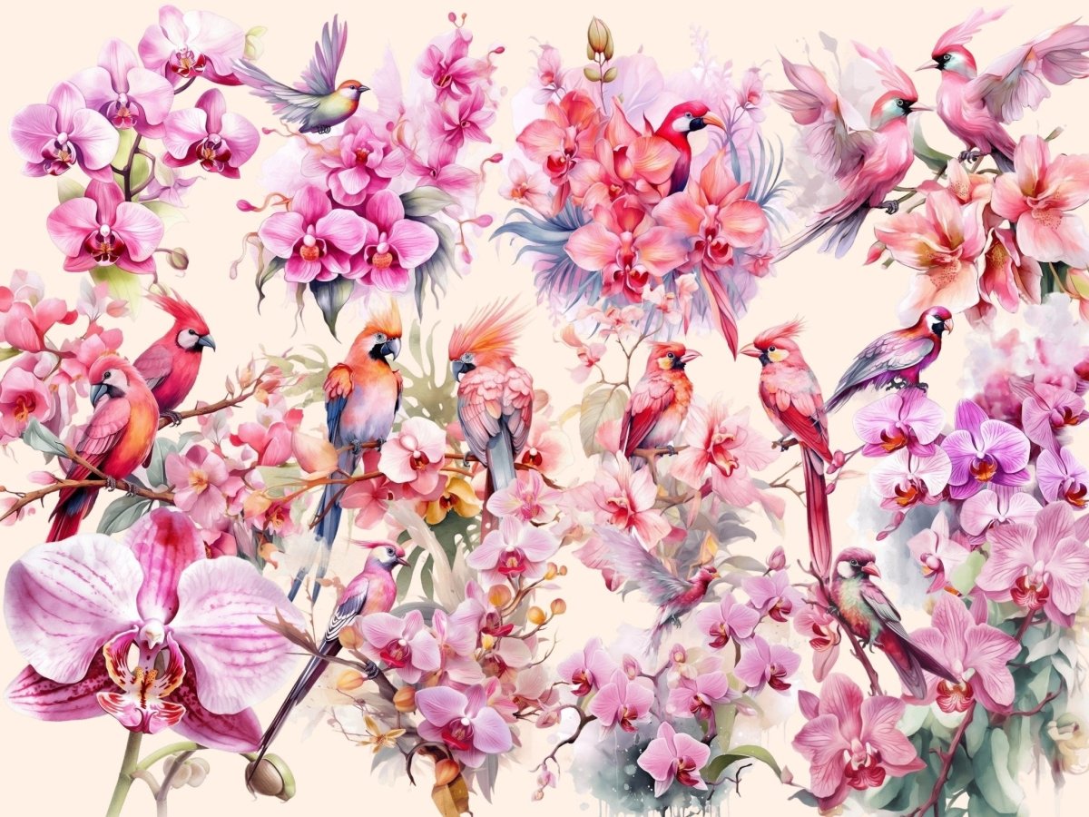 Pink Orchids Watercolor Clipart fantasy flowers - Wonders Artist