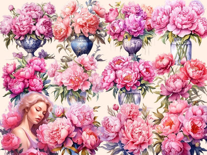 Pink Peonies Watercolor Clipart floral clipart - Wonders Artist