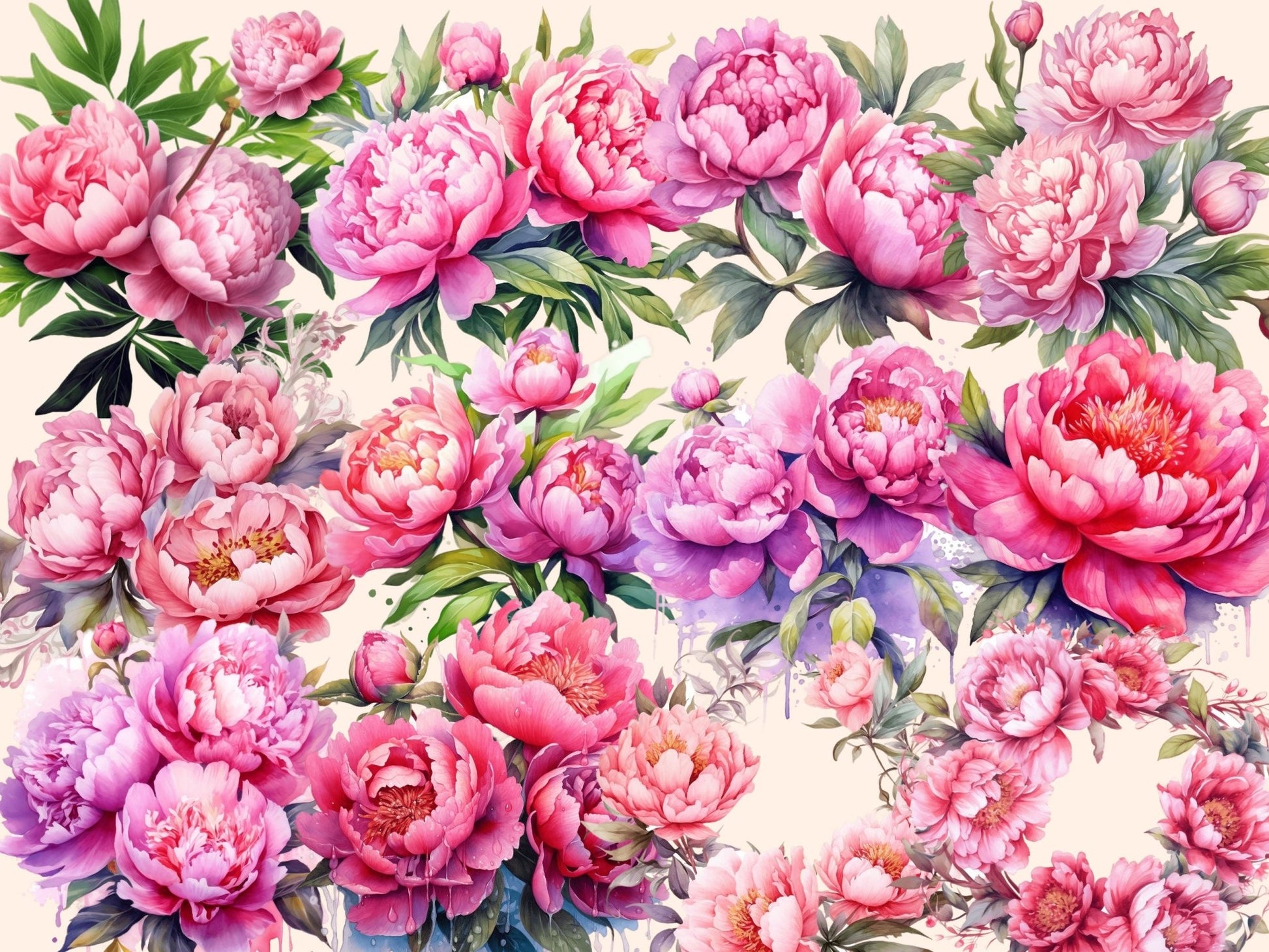 Pink Peonies Watercolor Clipart - High - Quality Instant Digital Download for Creative Projects