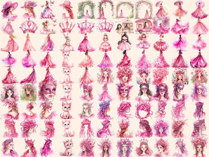 Pink Princess Watercolor Clipart - High - Quality Instant Digital Download for Creative Projects