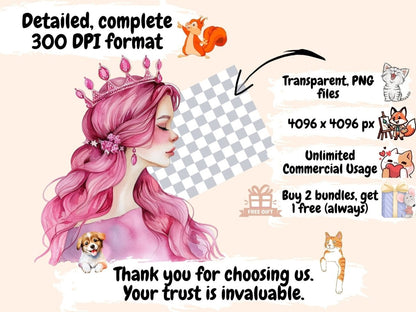 Pink Princess Watercolor Clipart cute princess png - Wonders Artist