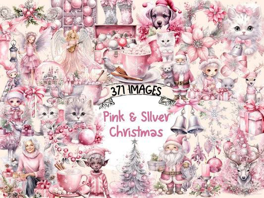 Pink & Silver Christmas Watercolor Clipart - High - Quality Instant Digital Download for Creative Projects