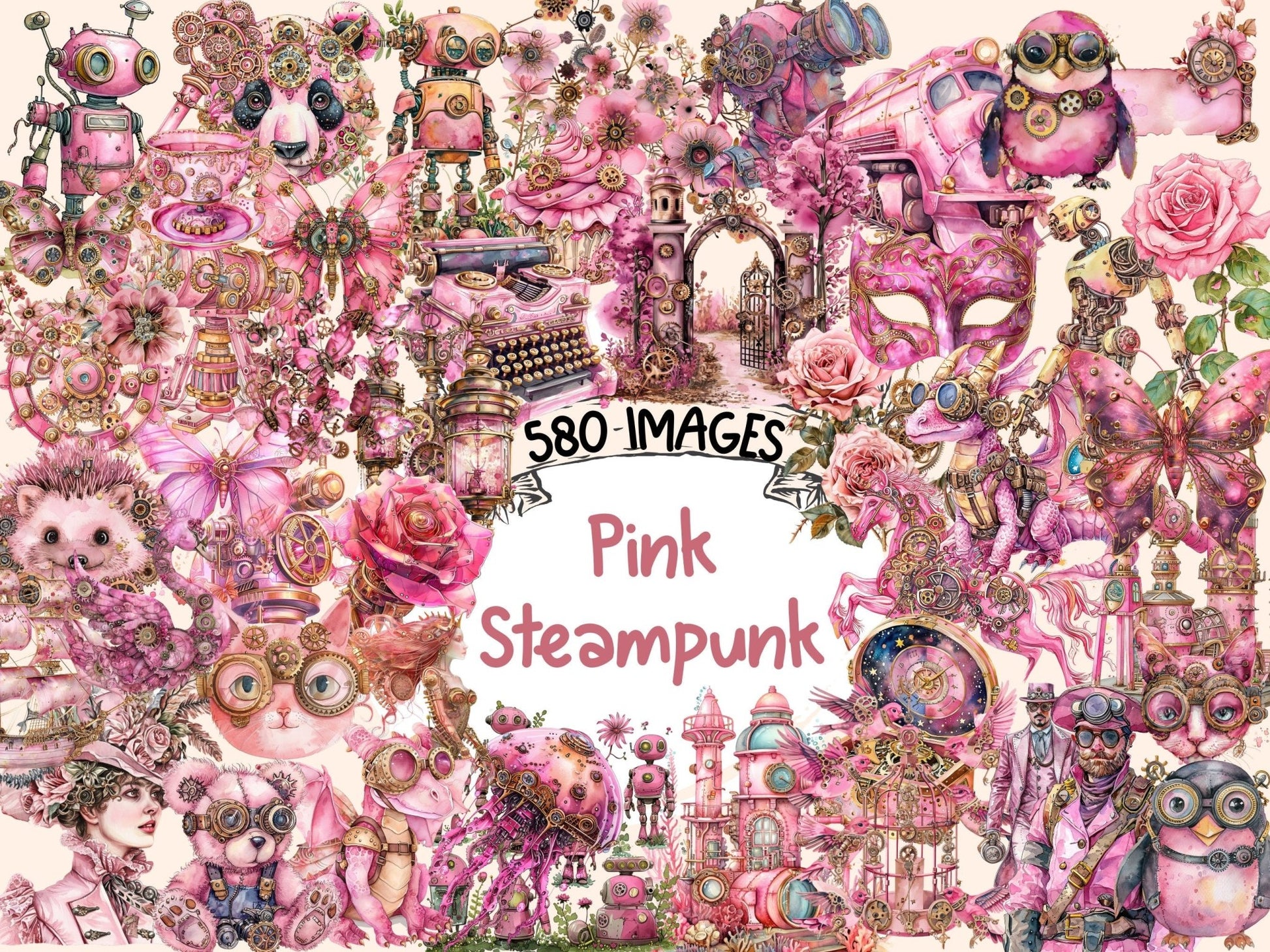 Pink Steampunk Watercolor Clipart - High - Quality Instant Digital Download for Creative Projects