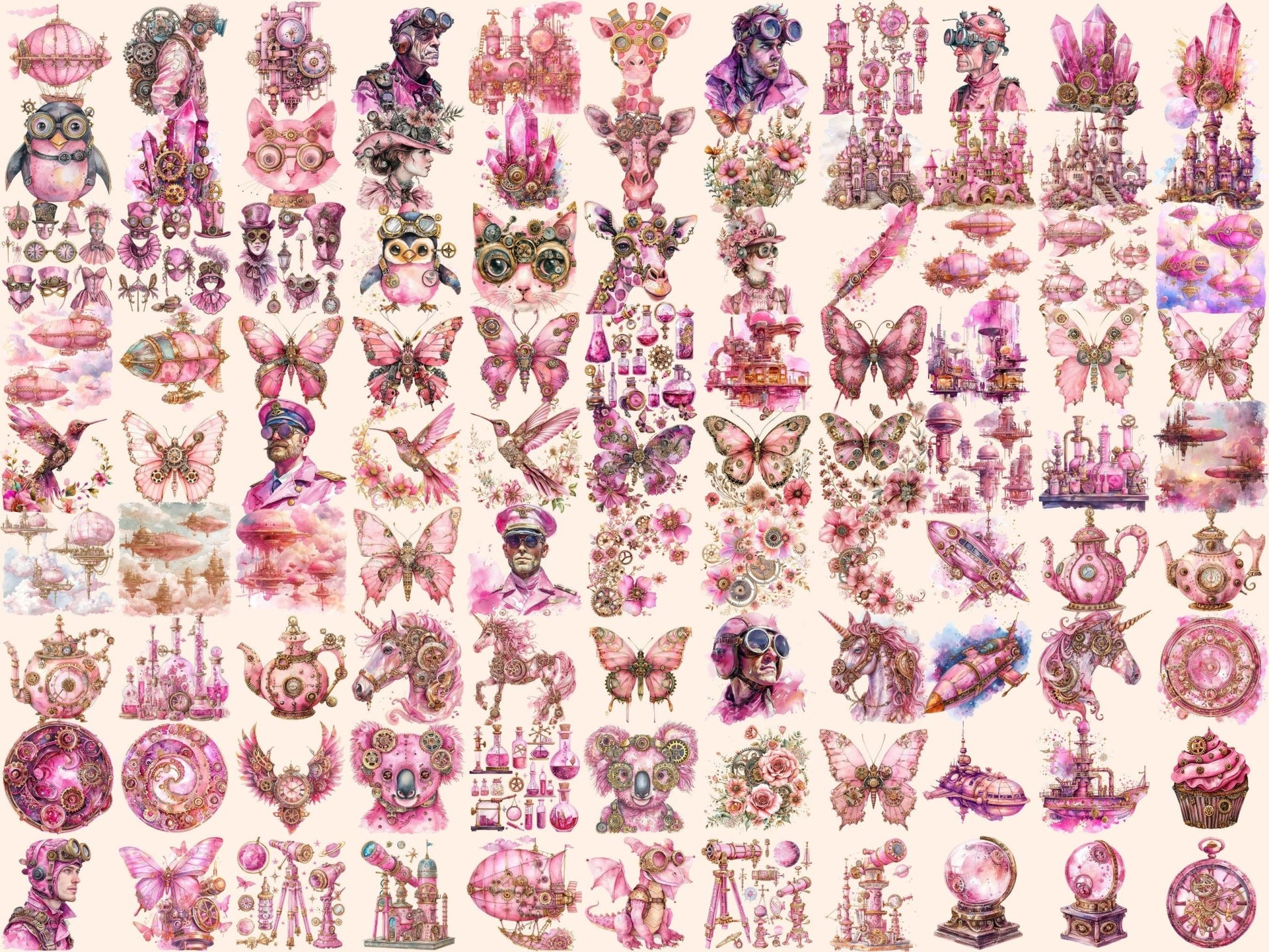 Pink Steampunk Watercolor Clipart - High - Quality Instant Digital Download for Creative Projects