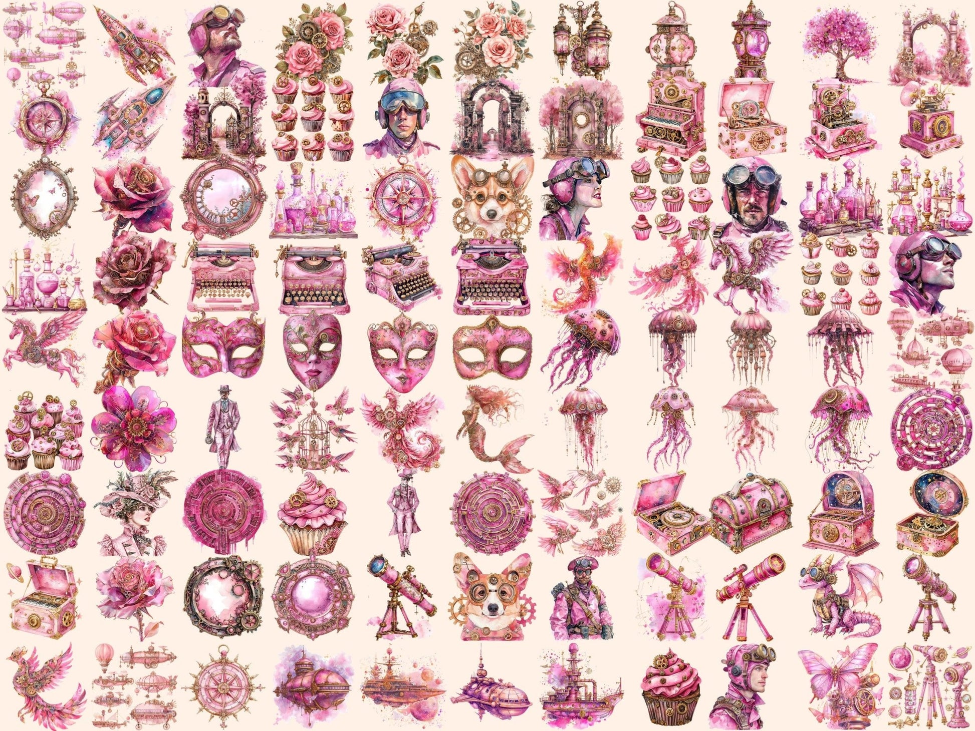 Pink Steampunk Watercolor Clipart - High - Quality Instant Digital Download for Creative Projects