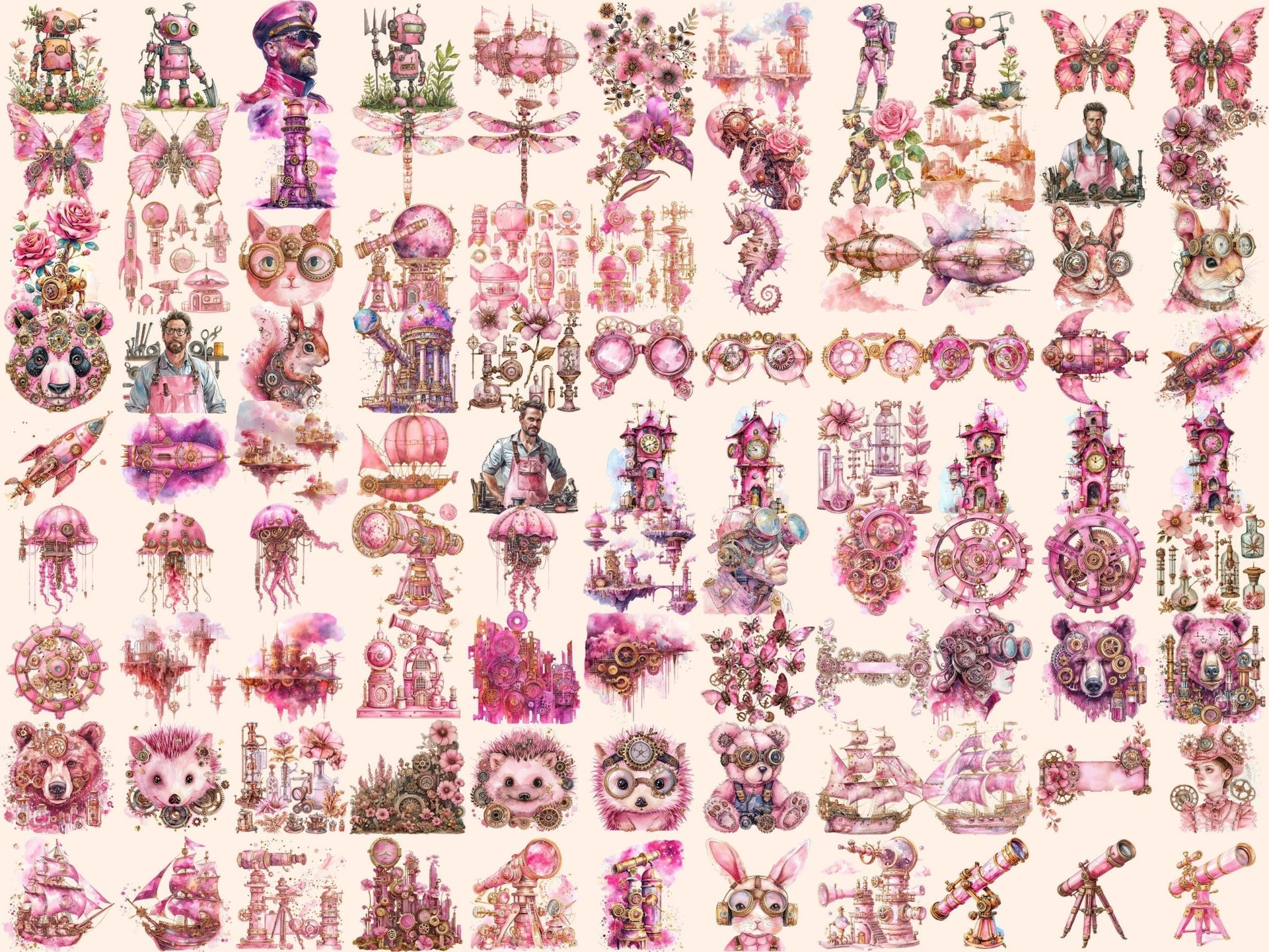 Pink Steampunk Watercolor Clipart - High - Quality Instant Digital Download for Creative Projects