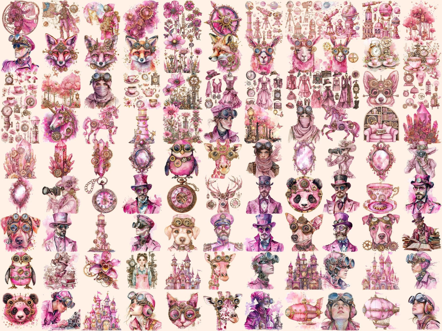 Pink Steampunk Watercolor Clipart - High - Quality Instant Digital Download for Creative Projects