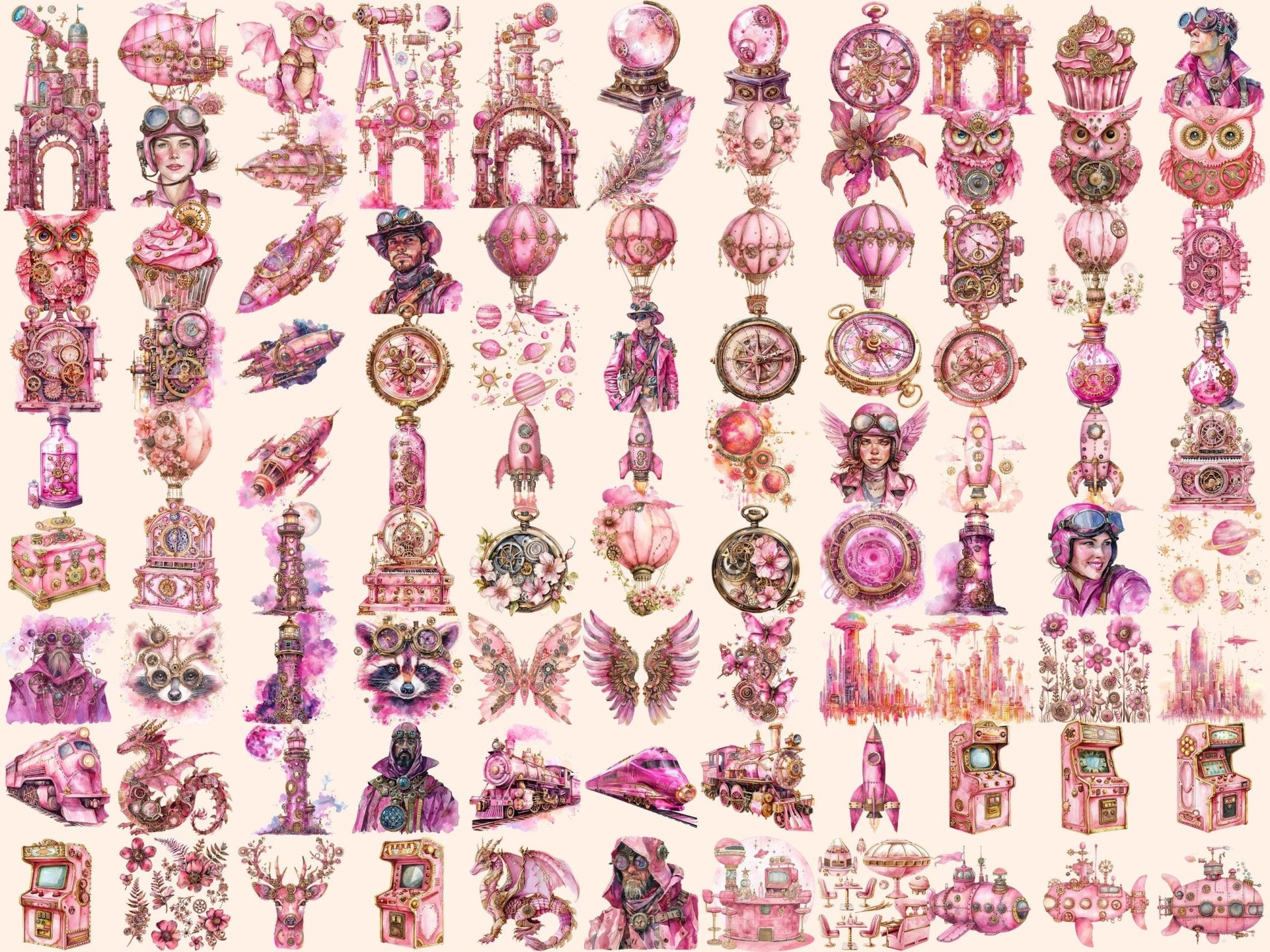 Pink Steampunk Watercolor Clipart - High - Quality Instant Digital Download for Creative Projects