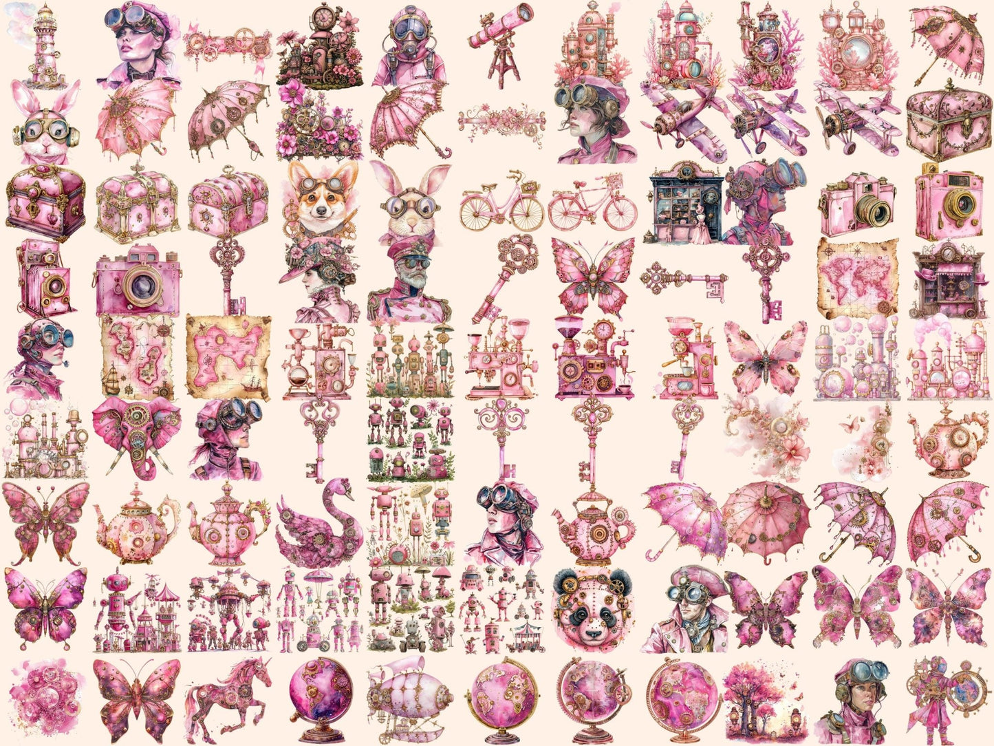 Pink Steampunk Watercolor Clipart - High - Quality Instant Digital Download for Creative Projects