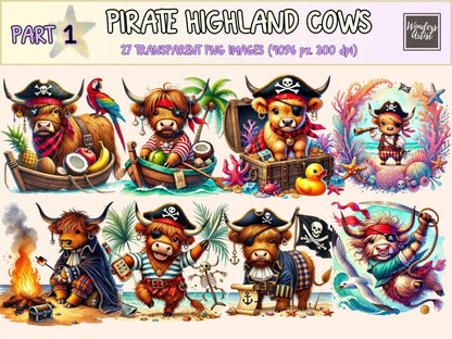 Pirate Highland Cows Clipart cow graphics cow pirate art cow printables - WondersArtist