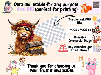 Pirate Highland Cows Clipart cow graphics cow pirate art cow printables - WondersArtist