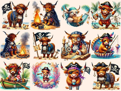 Pirate Highland Cows Clipart cow graphics cow pirate art cow printables - WondersArtist