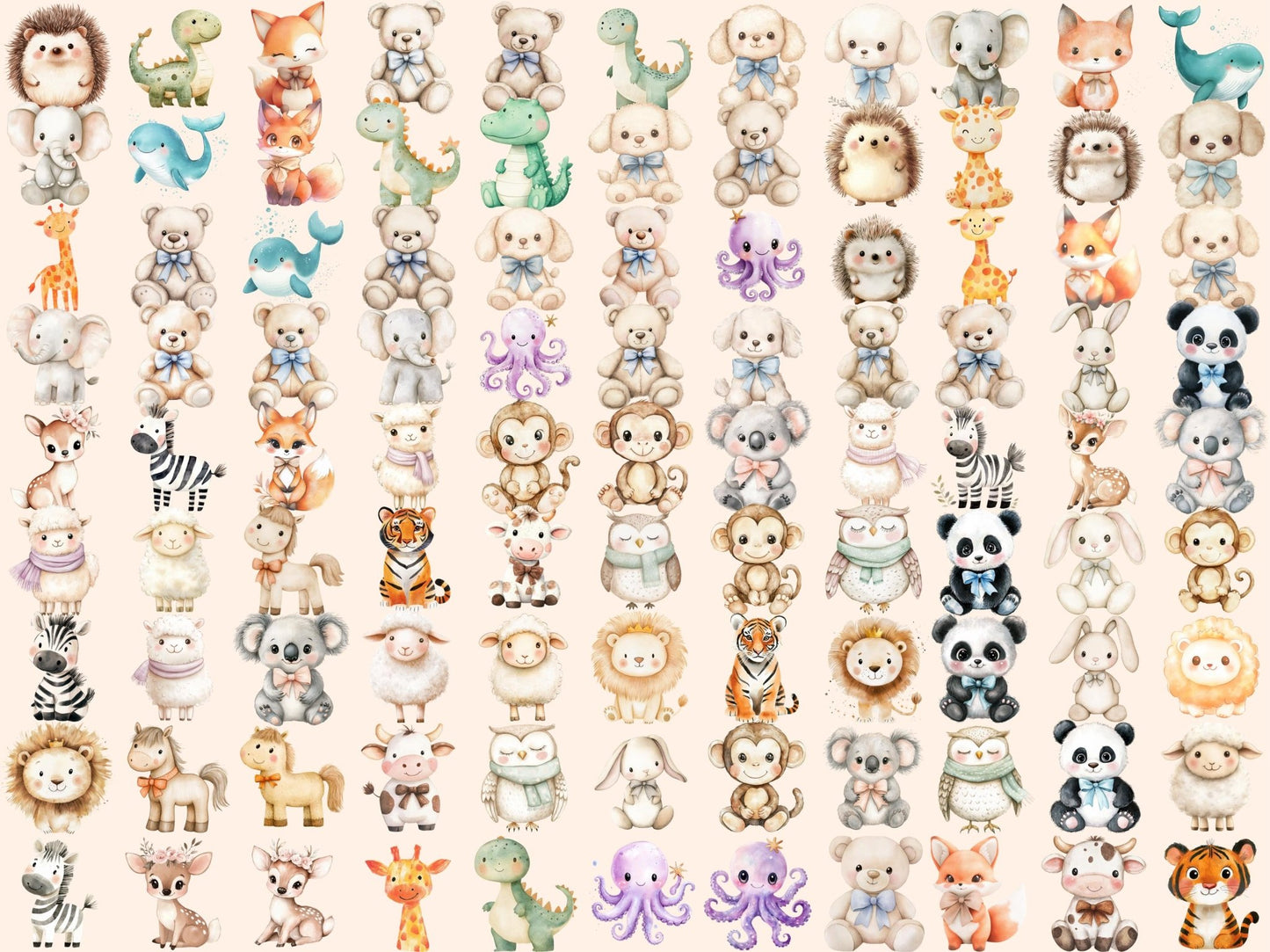 Plush Animals Watercolor Clipart - High - Quality Instant Digital Download for Creative Projects