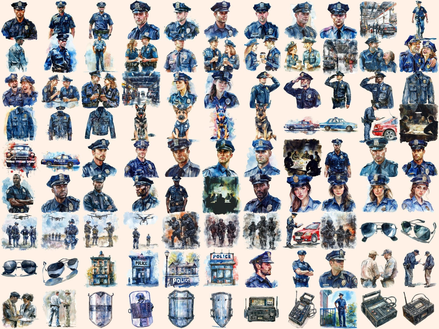 Police Watercolor Clipart - High - Quality Instant Digital Download for Creative Projects