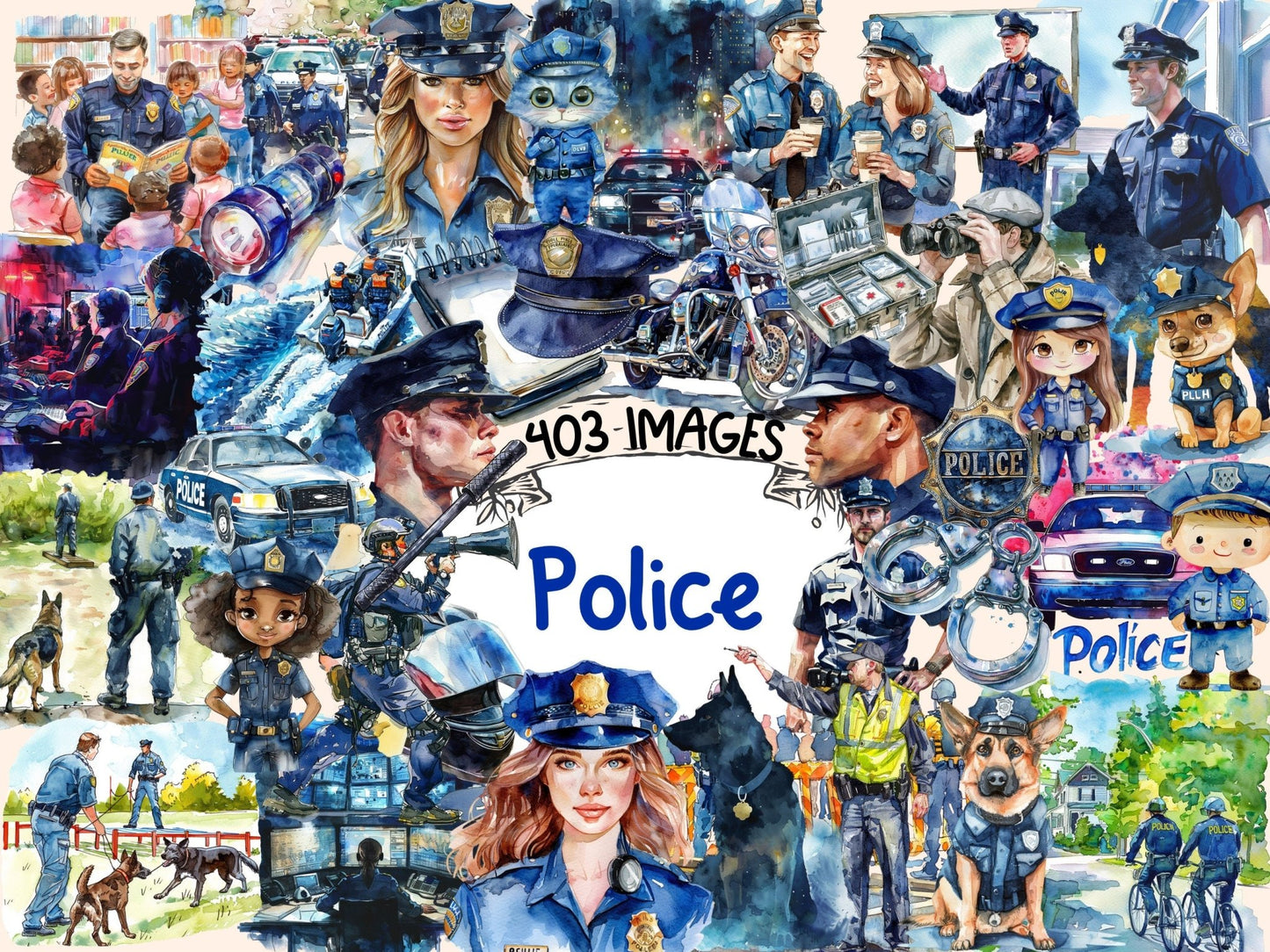 Police Watercolor Clipart - High - Quality Instant Digital Download for Creative Projects