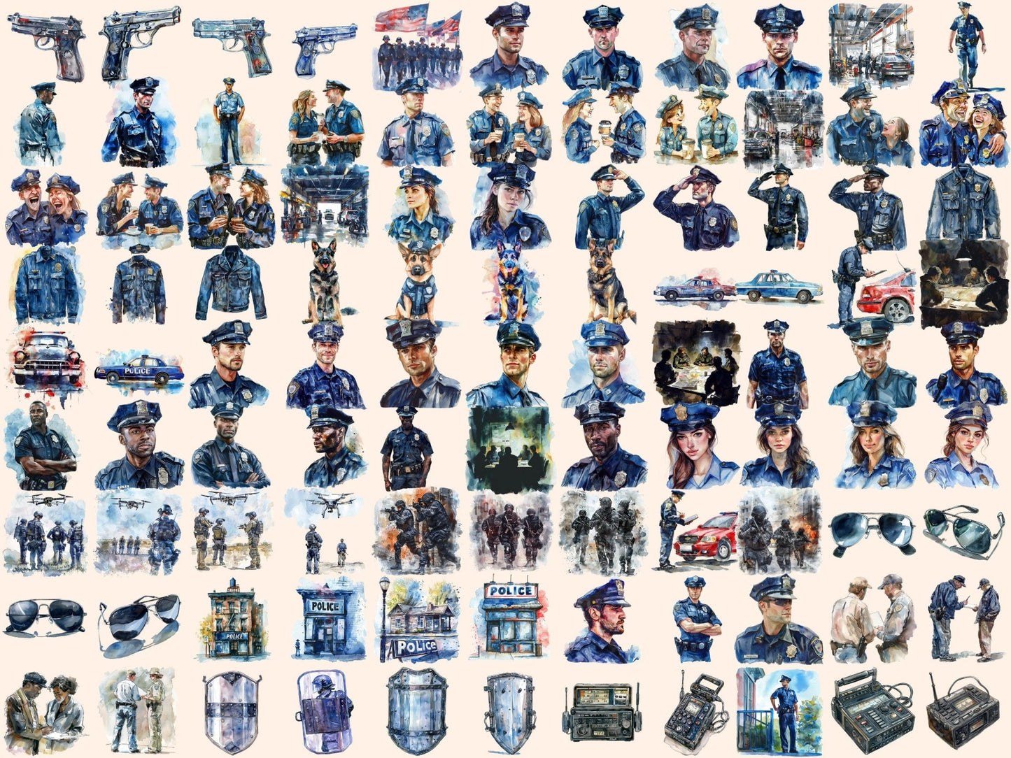 Police Watercolor Clipart - High - Quality Instant Digital Download for Creative Projects