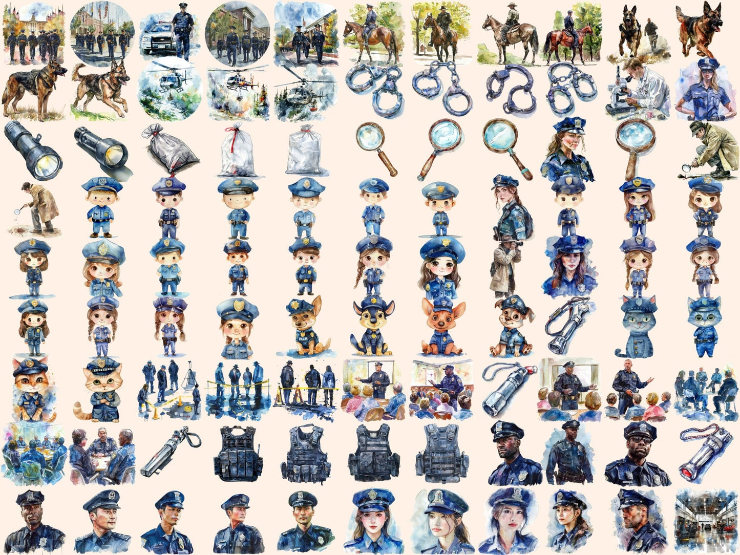 Police Watercolor Clipart - High - Quality Instant Digital Download for Creative Projects