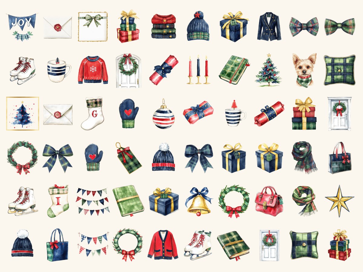 Preppy Christmas Watercolor Clipart All Bundles Clipart Line Art - WondersArtist