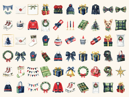 Preppy Christmas Watercolor Clipart All Bundles Clipart Line Art - WondersArtist