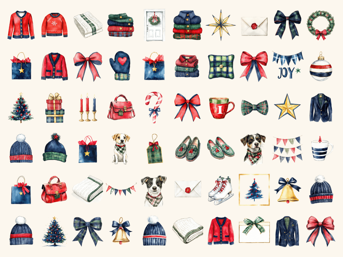 Preppy Christmas Watercolor Clipart All Bundles Clipart Line Art - WondersArtist