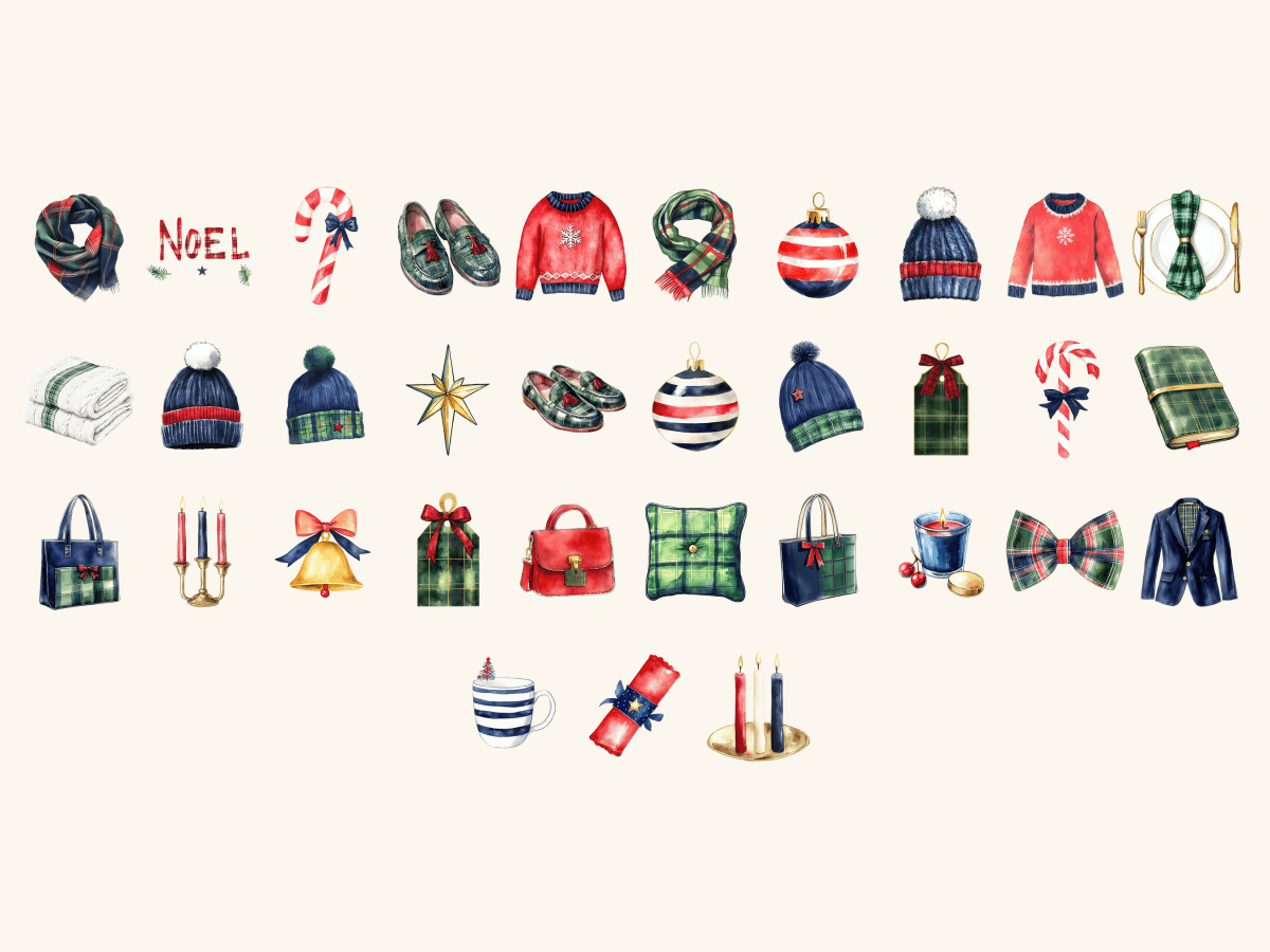 Preppy Christmas Watercolor Clipart All Bundles Clipart Line Art - WondersArtist