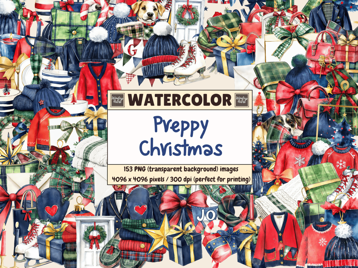 Preppy Christmas Watercolor Clipart All Bundles Clipart Line Art - WondersArtist
