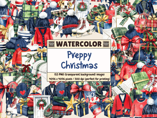 Preppy Christmas Watercolor Clipart All Bundles Clipart Line Art - WondersArtist