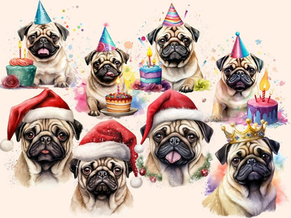 Pugs Watercolor Clipart cute pug clipart - Wonders Artist