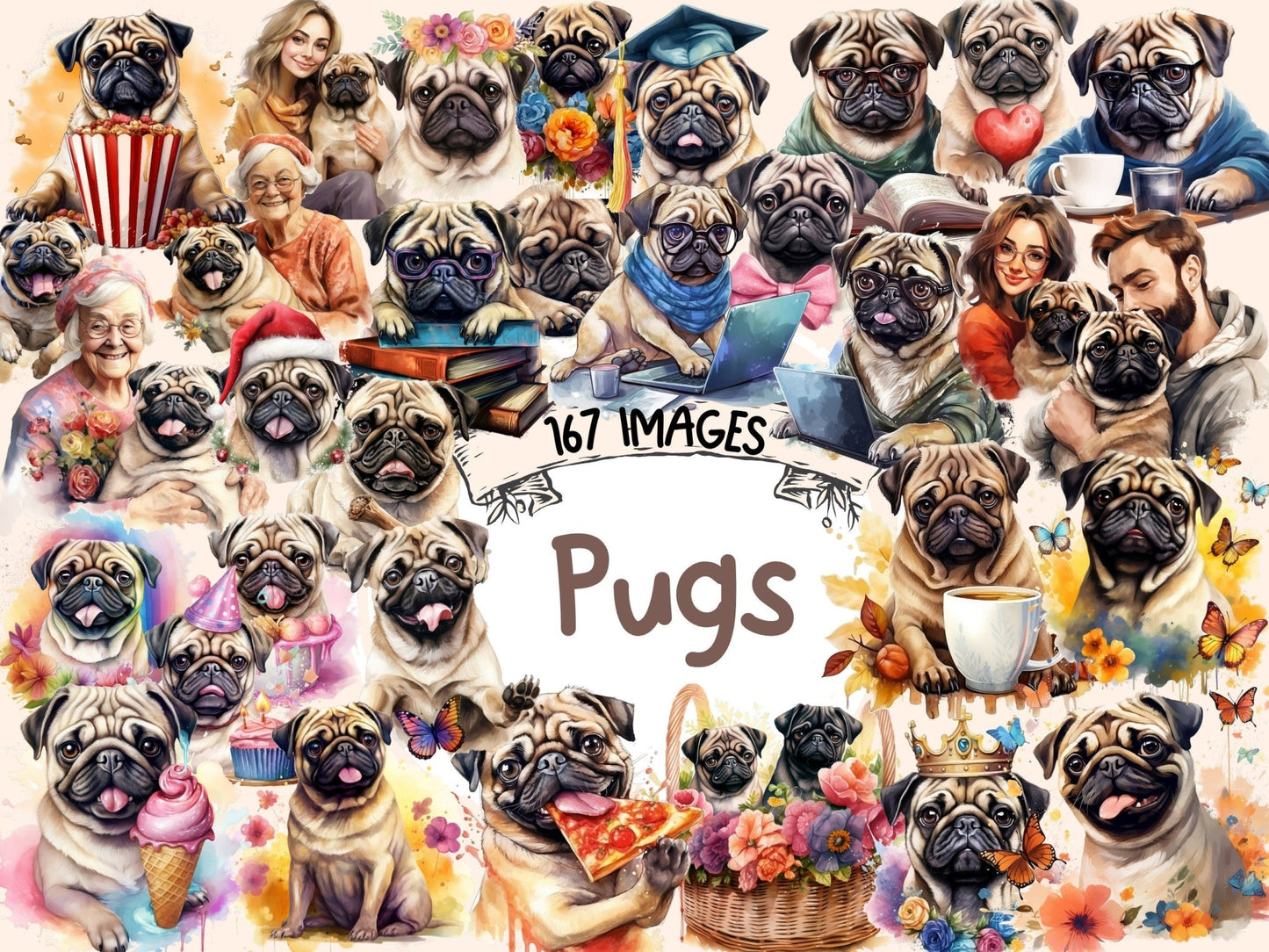 Pugs Watercolor Clipart - High - Quality Instant Digital Download for Creative Projects