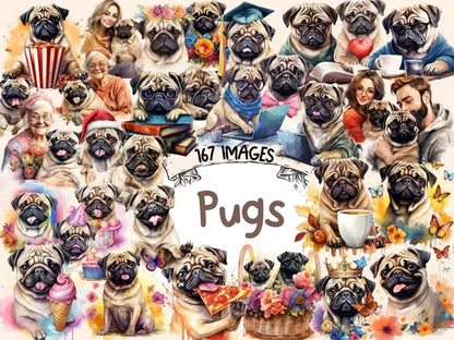 Pugs Watercolor Clipart cute pug clipart - Wonders Artist