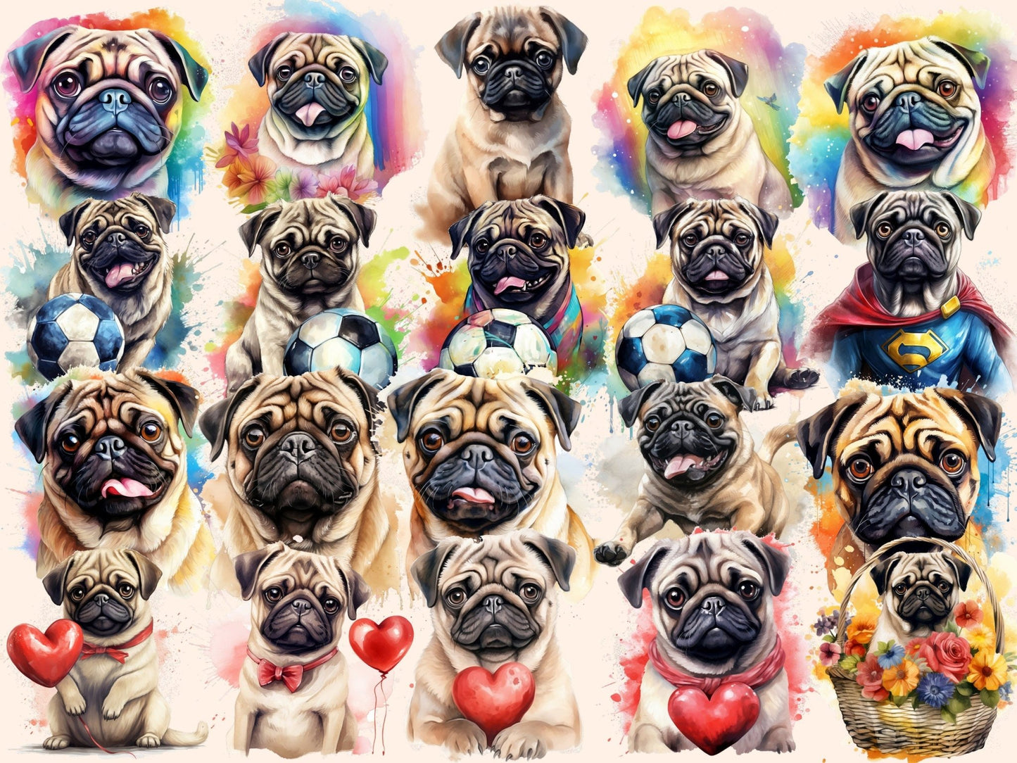 Pugs Watercolor Clipart - High - Quality Instant Digital Download for Creative Projects