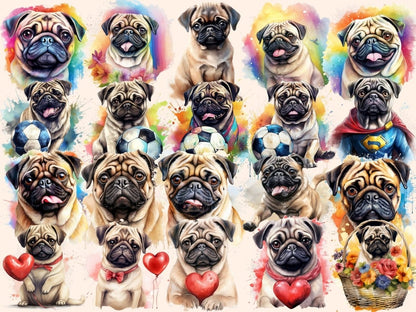 Pugs Watercolor Clipart cute pug clipart - Wonders Artist