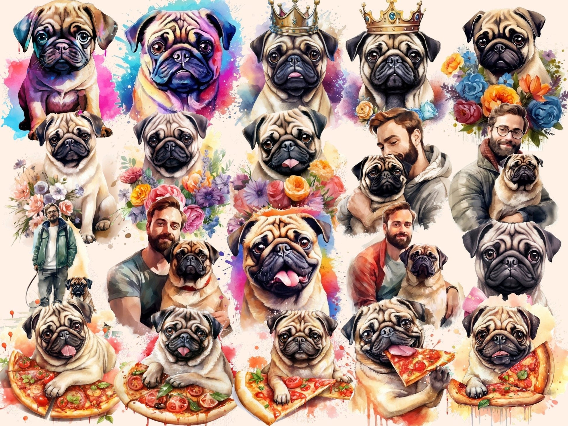 Pugs Watercolor Clipart - High - Quality Instant Digital Download for Creative Projects